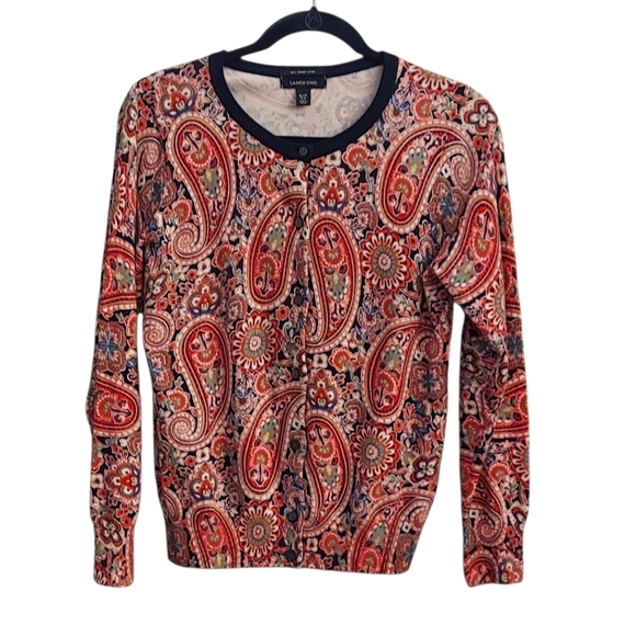 LANDS END Paisley Print Supima Cotton Long Sleeve Button Down Sweater - Picture 1 of 10